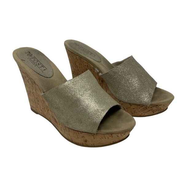 70 Post Paris Lainie Gold Leather Wedge Size 8.5 Open Toe Cork Heel - Picture 2 of 9
